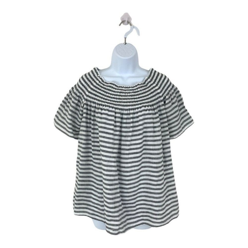 C & C California Womens Size L Gray White Linen Striped Smocked Off Shoulder Top